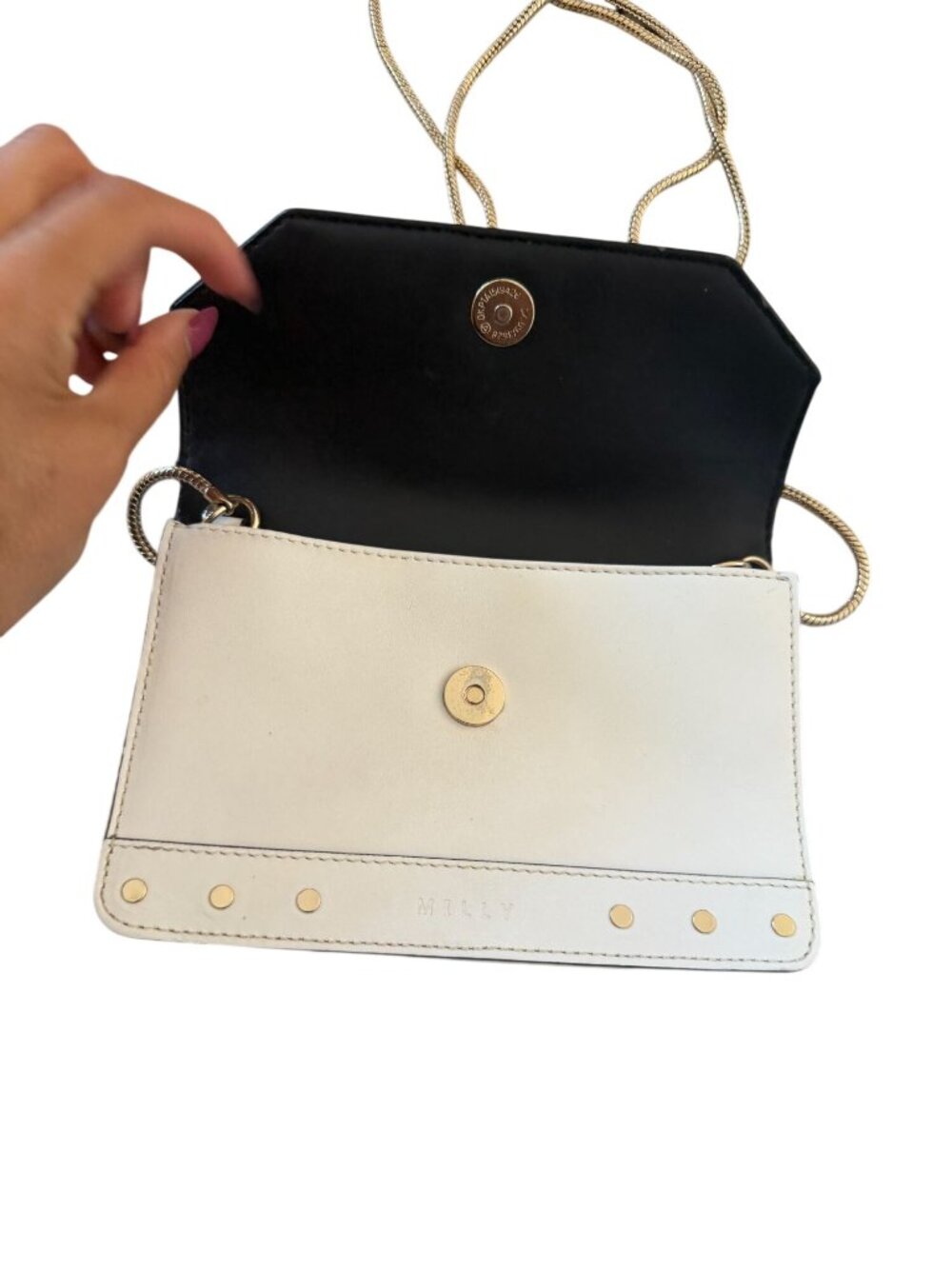 MILLY Hologram White Leather Studded Chain Crossbody Bag - Picture 3 of 11